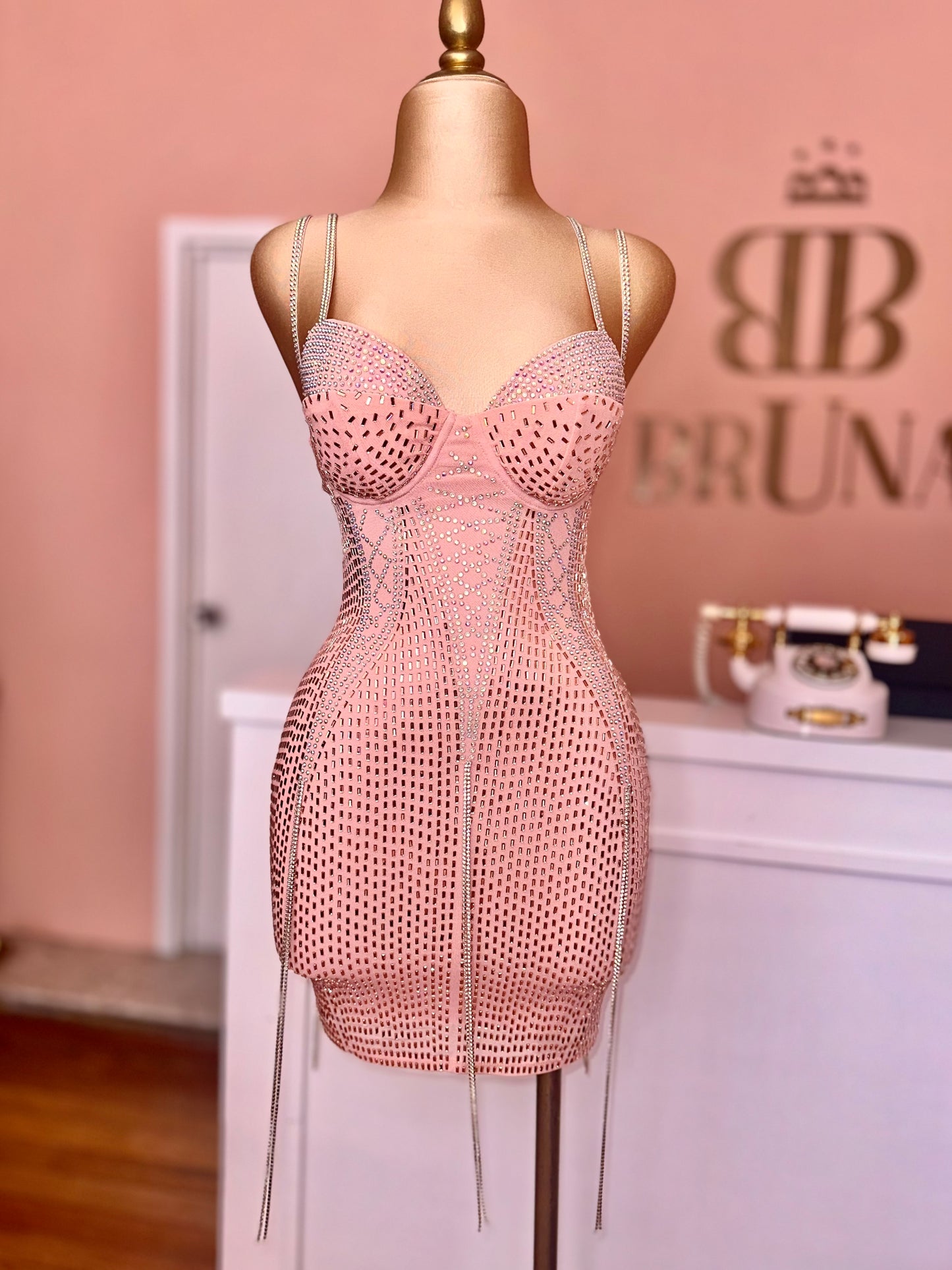 Vestido cristales tiras rosa