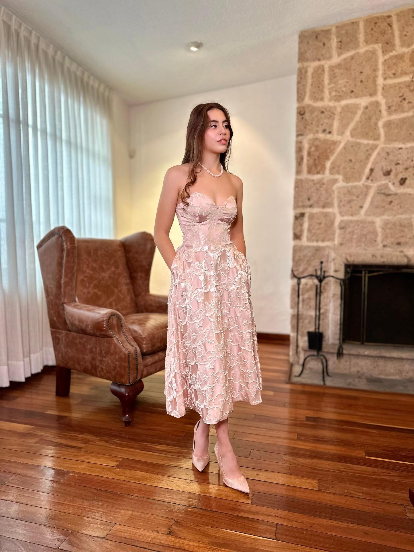 Vestido midi floreado rose gold